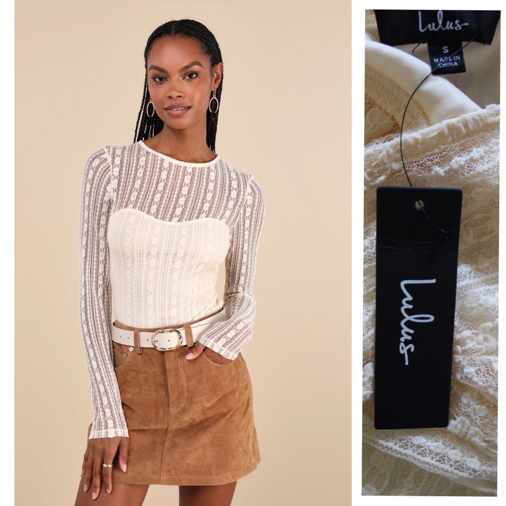 Lulus Sheer Passion Cream Sheer Lace Long Sleeve Top NWT Small